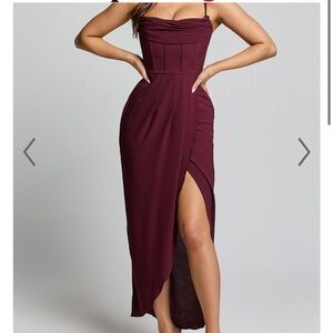 ANDRINA MIDI DRESS - HIGH LOW WRAP CORSET DRESS IN WINE